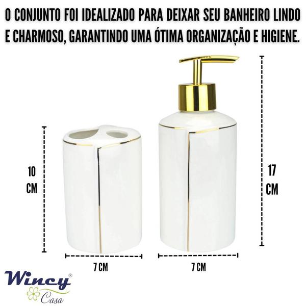 Imagem de Kit Banheiro 2 Peças Porcelana Dispenser Sabonete Líquido E Porta Escova Branco Fio De Ouro Wincy