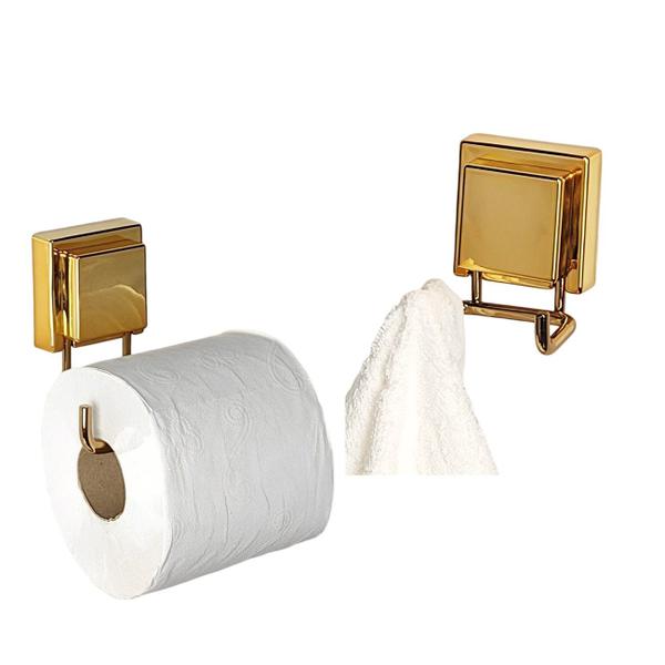 Imagem de Kit Banheiro 2 Peças Suporte Porta Papel Higiênico Cabide Gancho Duplo Multiuso Ventosa Dourado - Future