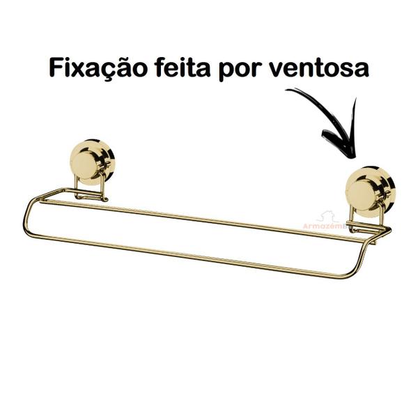 Imagem de Kit Banheiro 2 Peças Suporte Porta Papel Higiênico Toalheiro Duplo Ventosa Dourado - Future