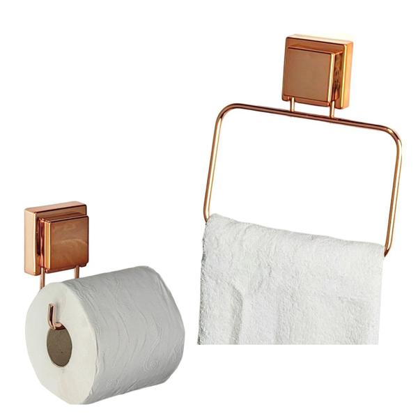 Imagem de Kit Banheiro 2 Peças Toalheiro Argola 18cm Suporte Porta Papel Higiênico Ventosa Rose Gold - Future