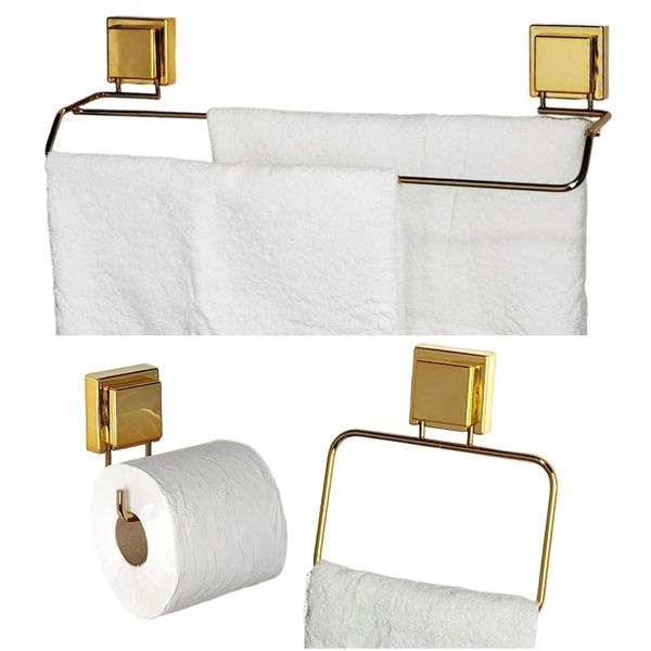 Imagem de Kit Banheiro 3 Peças Suporte Porta Papel Higiênico Toalheiro Duplo Argola  Ventosa Dourado - Future