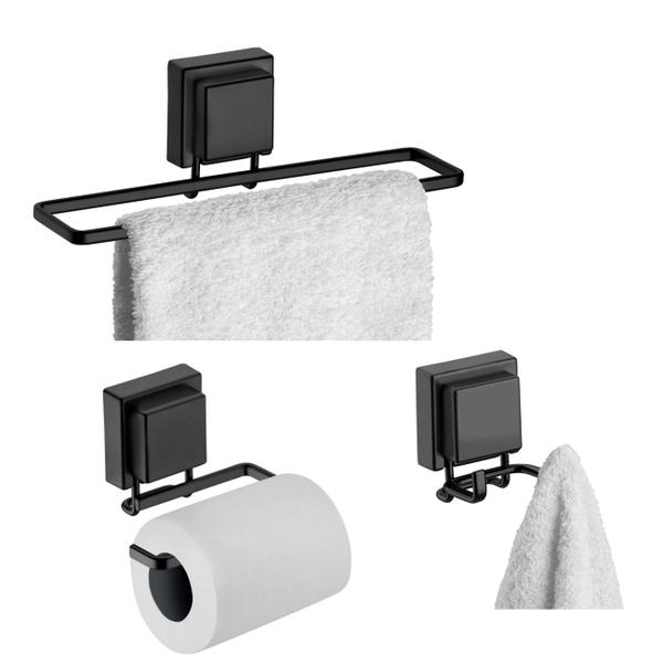 Kit Banheiro 3 Peças Toalheiro Suporte Porta Papel Higiênico Gancho Duplo Preto Fosco - Future Imagem de Kit Banheiro 3 Peças Toalheiro Suporte Porta Papel Higiênico Gancho Duplo Preto Fosco - Future