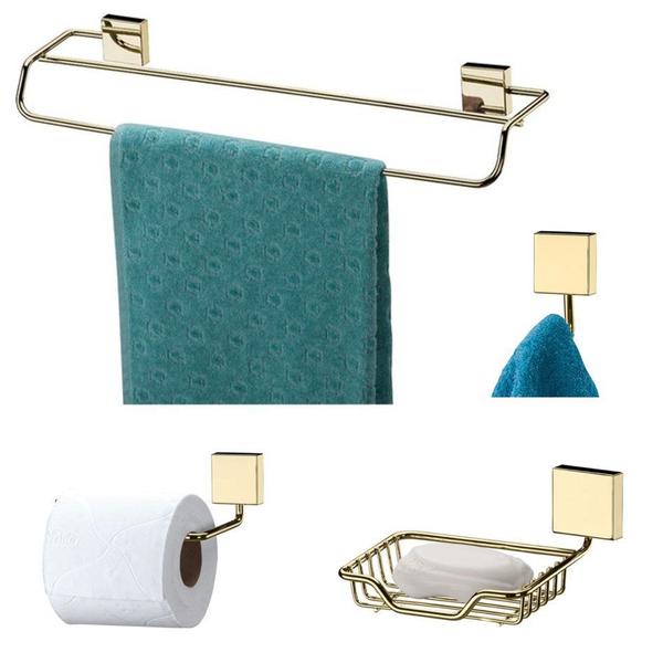 Imagem de Kit Banheiro 4 Peças Porta Toalha Toalheiro Gancho Saboneteira Suporte Papel Higiênico Parede Dourado - Future