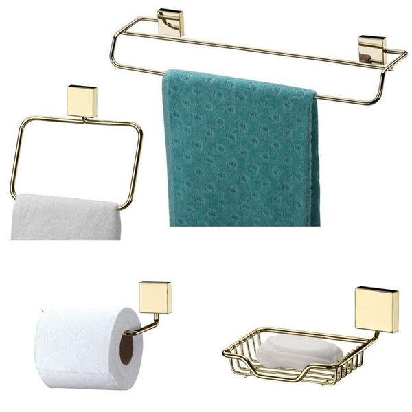 Imagem de Kit Banheiro 4 Peças Toalheiro Porta Toalha Saboneteira Suporte Papel Higiênico Parede Dourado - Future