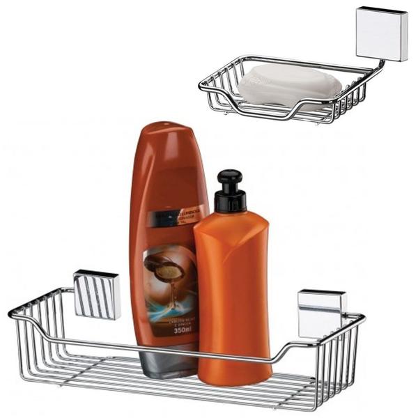 Imagem de Kit Banheiro Aço Inox Suporte Shampoo + Porta Sabonete Parede - Future