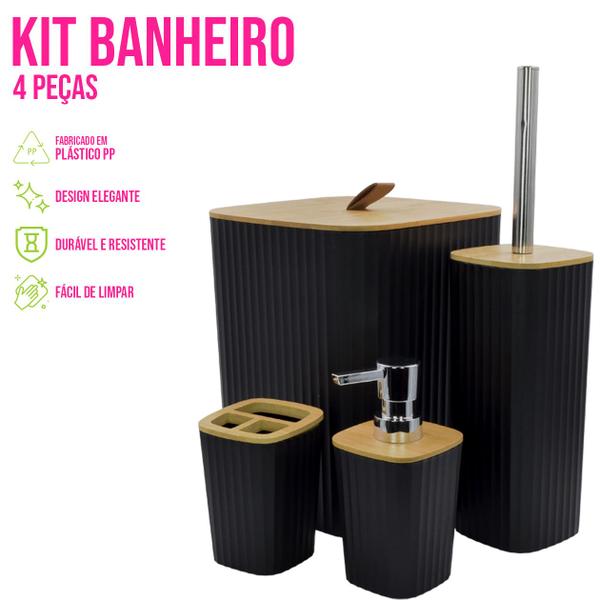 Imagem de Kit Banheiro Bambu Conjuto 4pçs C/ Lixeira Porta Escova Dispenser Sabonete P/ Lavabo - Clink