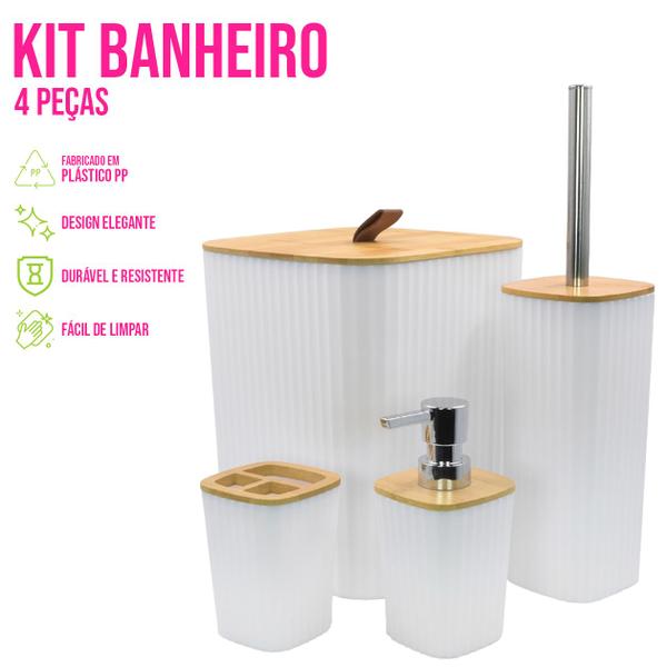 Imagem de Kit Banheiro Bambu Conjuto 4pçs C/ Lixeira Porta Escova Dispenser Sabonete P/ Lavabo - Clink