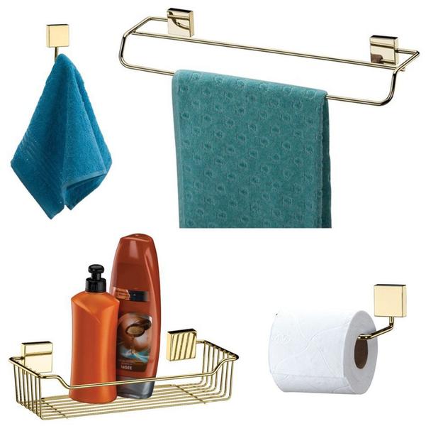 Kit Banheiro Dourado Toalheiro + Cabide + Suporte Shampoo + Papeleira - Ouro Future Imagem de Kit Banheiro Dourado Toalheiro + Cabide + Suporte Shampoo + Papeleira - Ouro Future