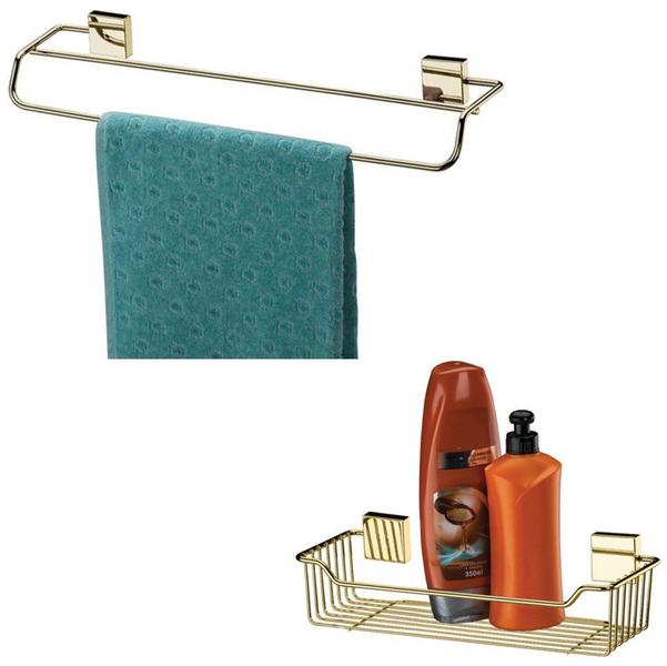 Imagem de Kit Banheiro Dourado Toalheiro Duplo 45cm + Suporte Porta Shampoo Ouro - Future