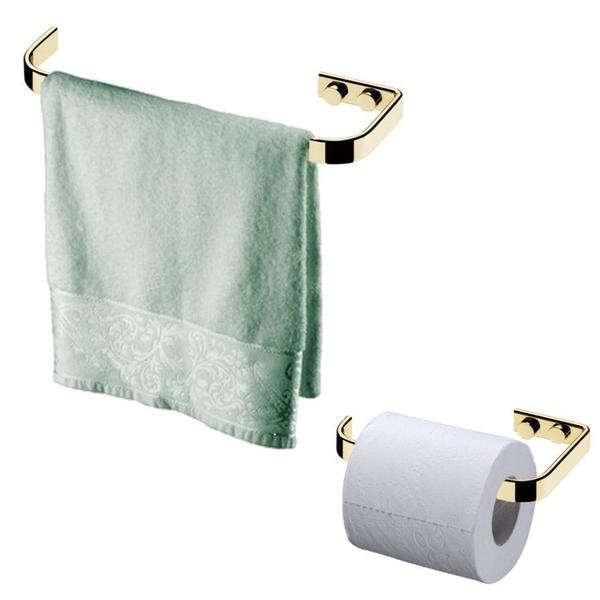 Imagem de Kit Banheiro Dourado Toalheiro Porta Toalha 22cm + Suporte Papel Higiênico - Future