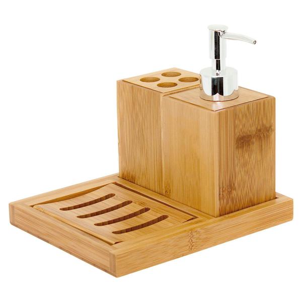 Imagem de Kit Banheiro Lavabo Bambu 4 Peças Saboneteira Porta Escova - Mimo Style