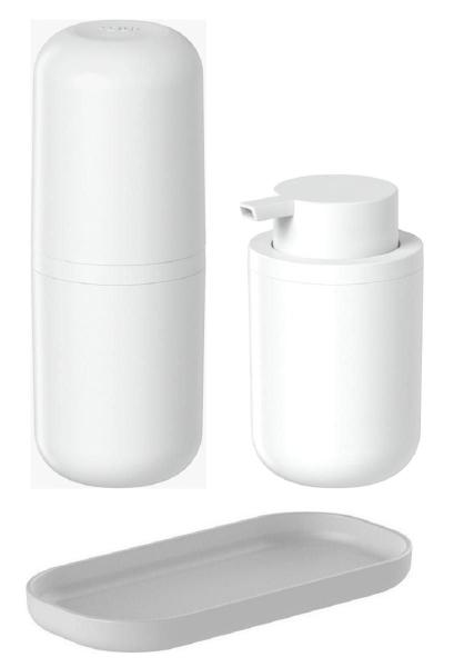 Imagem de Kit banheiro lavabo bancada 3 peças bold ou branco porta escova dente creme dental, porta sabonete liquido, bandeja