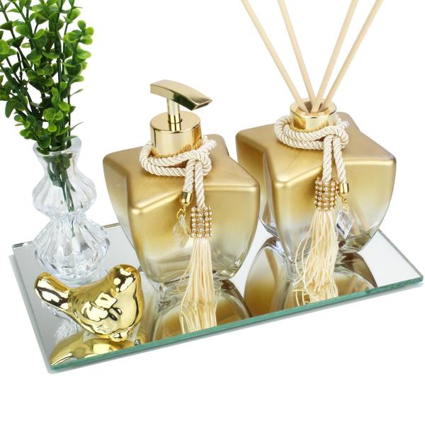 Imagem de Kit Banheiro Lavabo Frascos de Vidro Para Lavabo Decoração Super Luxo C/ Bandeja London