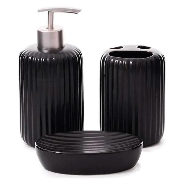 Imagem de Kit Banheiro Lavabo Moderno Acessórios Porcelana Preto 3 Pçs