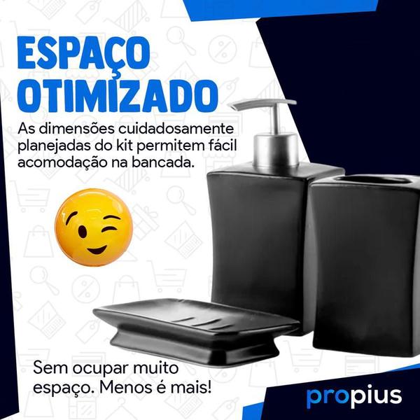 Imagem de Kit Banheiro Lavabo Porcelana 3 Pecas Bandeja Conjunto Luxo Preto Líquido Higiene Bancada