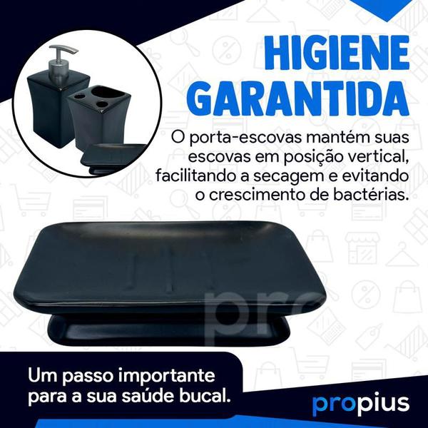 Imagem de Kit Banheiro Lavabo Porcelana 3 Pecas Porta Sabonetes e Escovas Saboneteira Luxo Preto Organização Pia Higiene Bancada