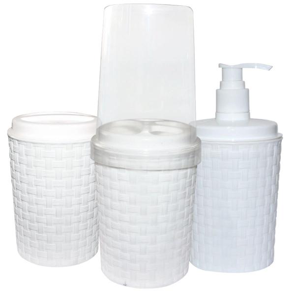 Imagem de Kit Banheiro Lavabo Porta Sabonete Líquido Rattan Plástico 3 Peças Kit Toalete Delta Útil