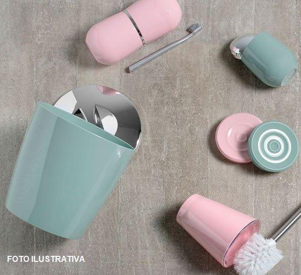 Imagem de Kit banheiro lavabo Rosa quartzo 3 peças OU porta escova de dente, saboneteira ,cotonete