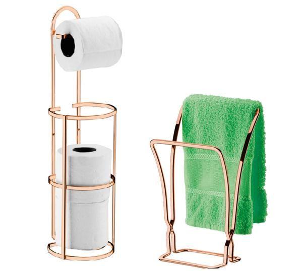 Imagem de Kit banheiro lavabo rose gold 02 peças, porta toalha de bancada  e porta papel higiênico future 1608rg 1609rg