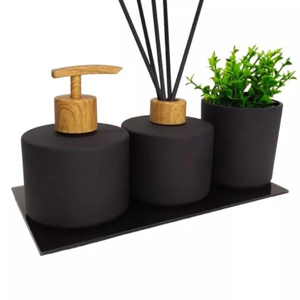 Imagem de Kit Banheiro Luxo Vidros Preto Fosco Aromatizador + Saboneteira com Bandeja para Lavabo