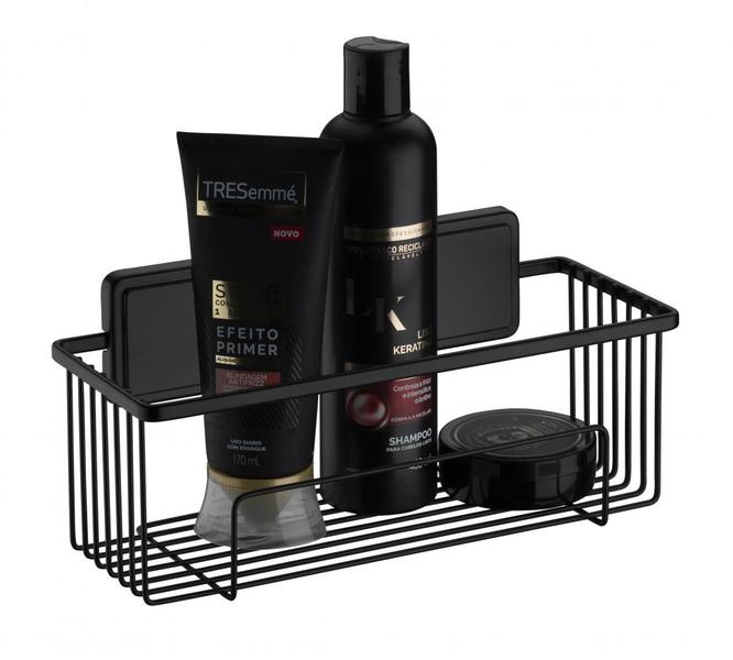 Imagem de Kit banheiro preto fosco 2 peças fixaçao por adesivo Norbond Future porta shampoo, saboneteira