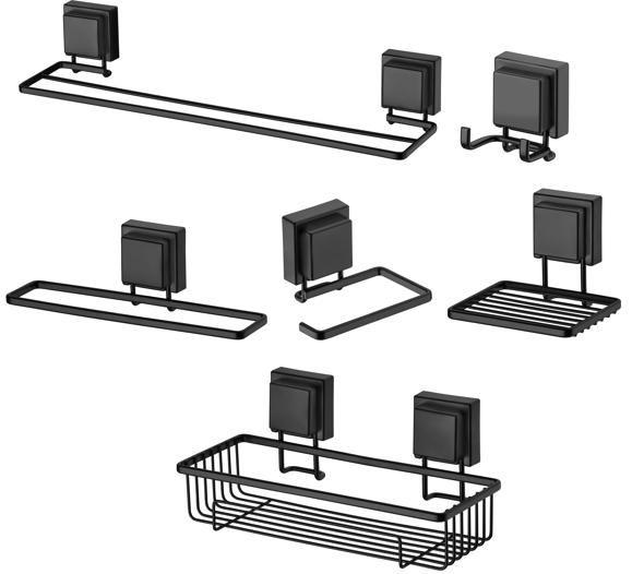 Imagem de kit banheiro preto fosco ventosa 6 peças toalheiro cabide PRAKZA