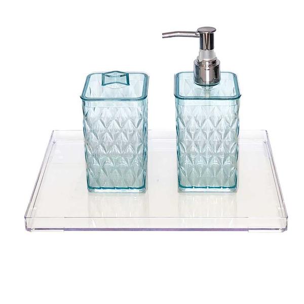 Imagem de Kit banheiro saboneteira dispenser bandeja cristal acrílico decoração lavabo porta cotonete banheiro