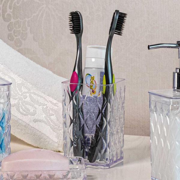 Imagem de Kit banheiro saboneteira líquida porta escovas dental bandeja decorativa acrílico cristal pia lavabo