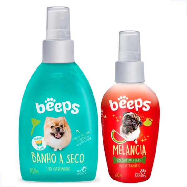 Imagem de Kit Banho a Seco 200ml com Colônia Melancia Beeps 60ml Pet Society Cães e Gatos