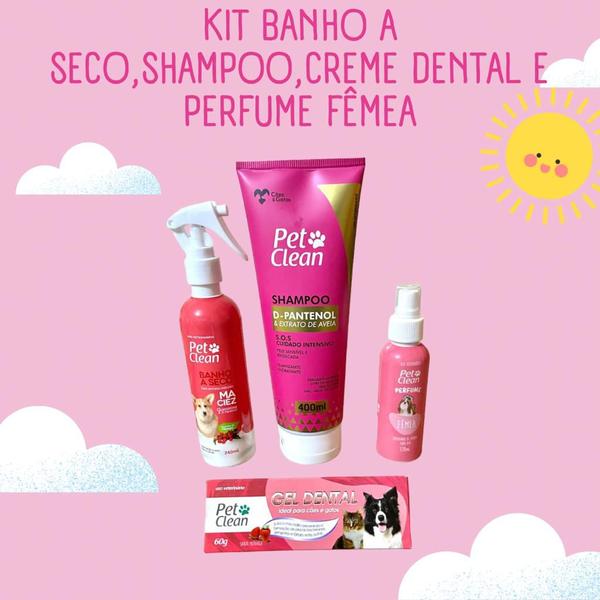 Imagem de Kit banho a seco, shampoo, creme dental e perfume femea