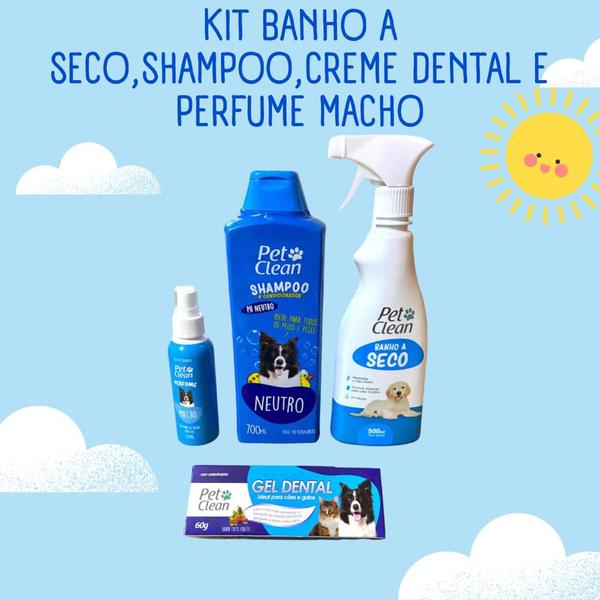 Imagem de Kit banho a seco, shampoo, creme dental e perfume macho