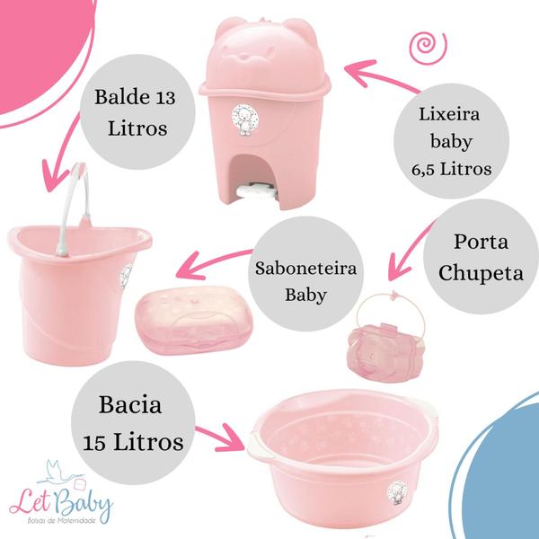 Imagem de Kit banho bebe adoleta saboneteira + balde bacia lixeira e outros rosa