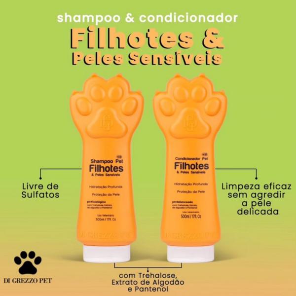 Imagem de Kit Banho Pets para Cães Shampoo, Condicionador e Escova Escolha Branqueador, Filhotes, Micelar, Pelos longos e Neutro