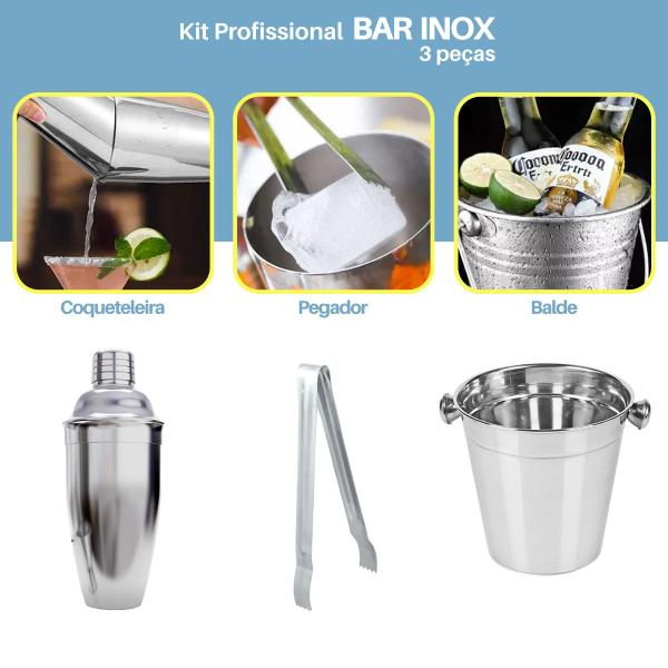 Imagem de Kit Bar Aço Inox Coqueteleira Pegador Balde De Gelo 3 Peças