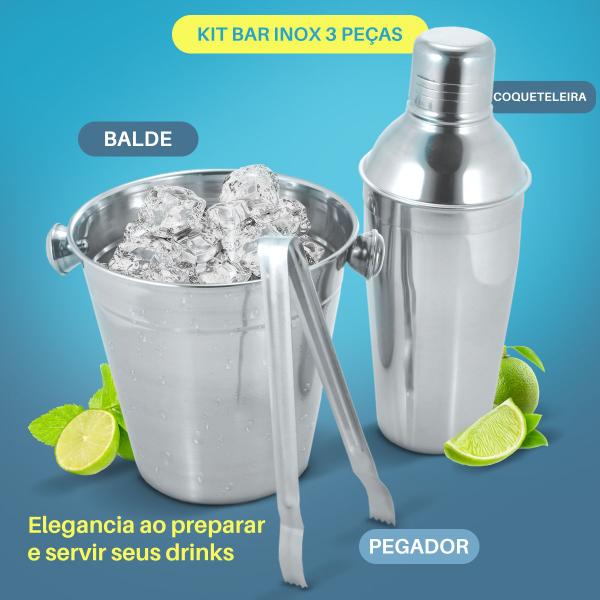 Imagem de Kit Bar Aço Inox Coqueteleira Pegador Balde De Gelo 3 Peças