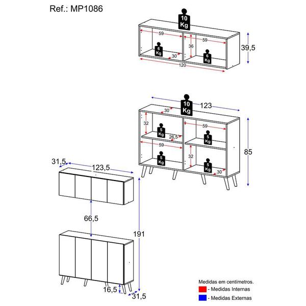 Imagem de Kit Bar Armário Aéreo e Aparador 4 Portas Retrô Multimóveis MP1086