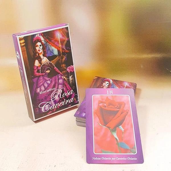 Imagem de Kit Baralho Tarô Rosa Caveira e Leque Paetê Vermelho