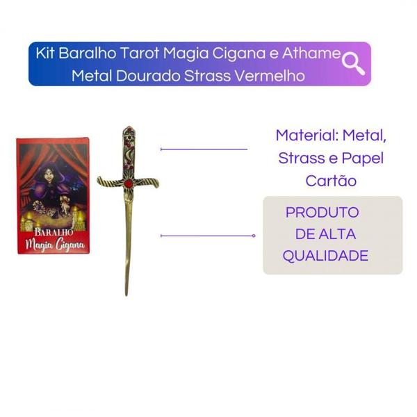 Imagem de KIT Baralho Tarot Cigana e Athame Dourado com Pedra Vermelha