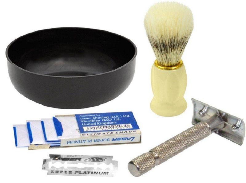 Imagem de Kit Barba Barbear - 1 Pincel de Barba 1 Tigela 1 Barbeador Metal 5 Lâminas - Santa Clara