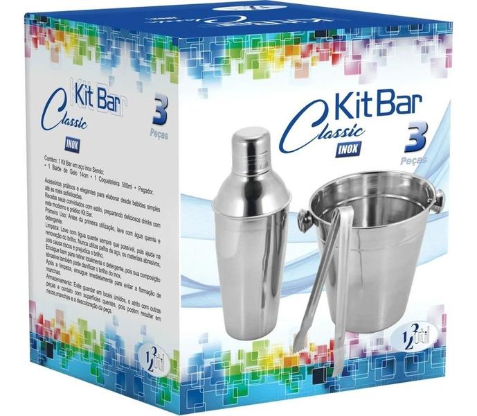 Imagem de Kit Barman Inox 3 Peças Coqueteleira 500ml, Balde E Pegador