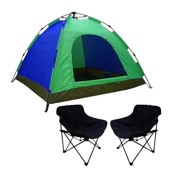 Imagem de Kit Barraca Camping Azul E Verde  2 Cadeiras Camping Pretas