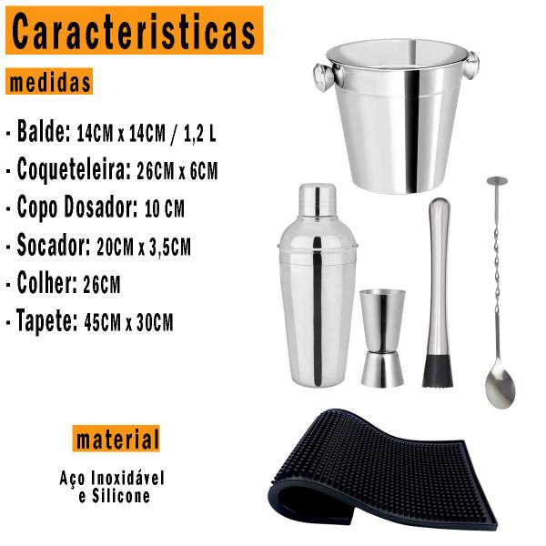 Imagem de Kit Bartender Barman Completo 6 Peças Coquetéis Drinks Utensílios Em Aço Inoxidável Caipirinha Whisky