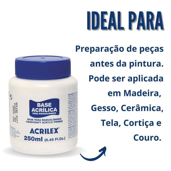 Imagem de Kit Base Acrílica 3un 250ml Acrilex para Artesanato Pintura Preparação de Peças em Madeira MDF Gesso Papel