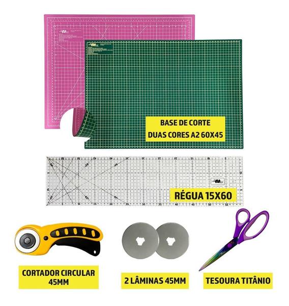 Imagem de Kit Base De Corte 60x45 Duas Cores Verde Rosa Régua 15x60 Tesoura de Titânio Cortador 45mm 2 Laminas