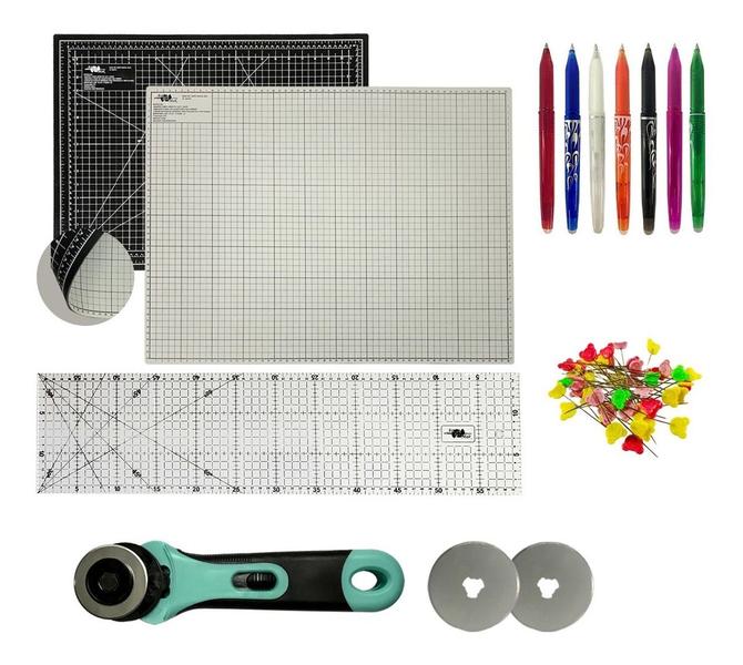 Imagem de Kit Base de Corte 60x45 Dupla Face Duas Cores Preta Cinza Cortador 45mm 2 Laminas Caneta Fantasminha