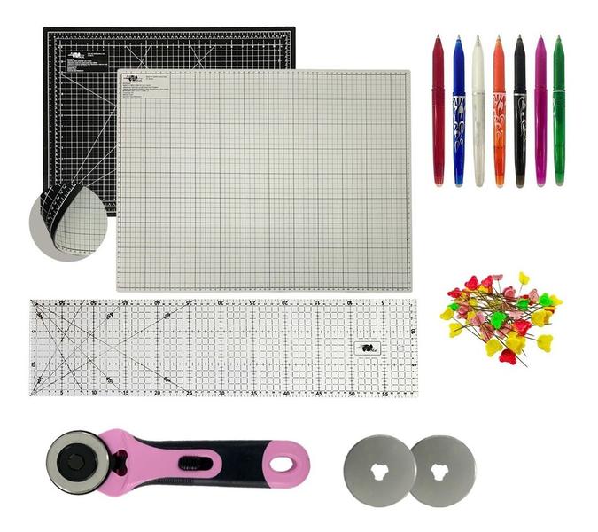 Imagem de Kit Base de Corte 60x45 Dupla Face Duas Cores Preta Cinza Cortador 45mm 2 Laminas Caneta Fantasminha