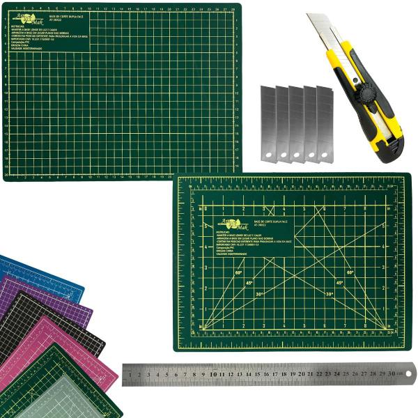 Imagem de Kit Base de Corte Dupla Face Multiuso Auto Regenerativa A4 30cm x 22cm Regua Metal 30cm Estilete Profissional Laminas Reservas