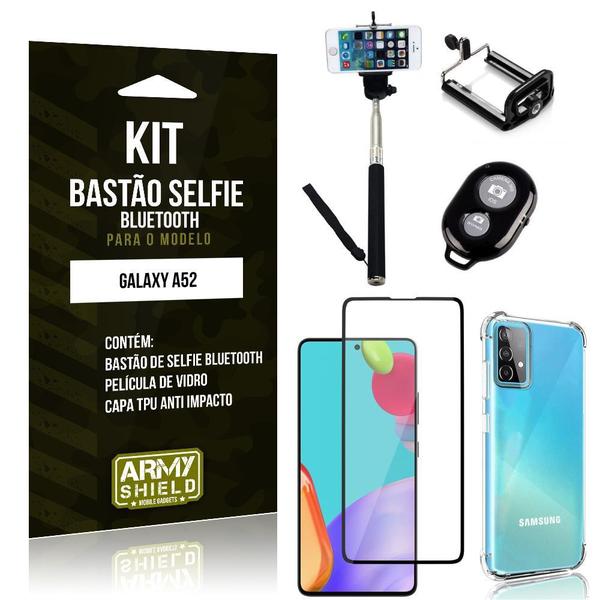 Imagem de Kit Bastão de Selfie Bluetooth Galaxy A52 +Capinha Anti Impacto +Película Vidro 3D - Armyshield