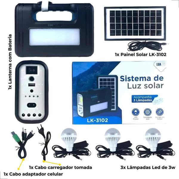 Imagem de Kit Bateria Painel Solar 3 Lâmpadas Poste Prova D'água Led Luz de Emergencia Acampamento Pesca Caça