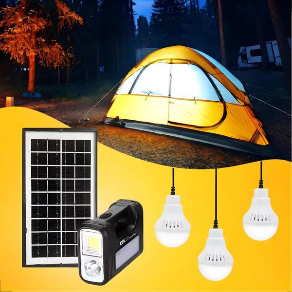 Imagem de Kit Bateria Painel Solar 3 Lâmpadas Poste Prova D'água Led Luz de Emergencia Acampamento Pesca Caça